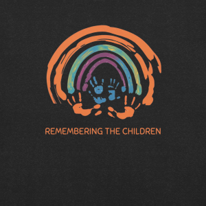 “Remembering the Children” T-Shirt – Rainbow with Handprints Design | Truth and Reconciliation Awareness Shirt